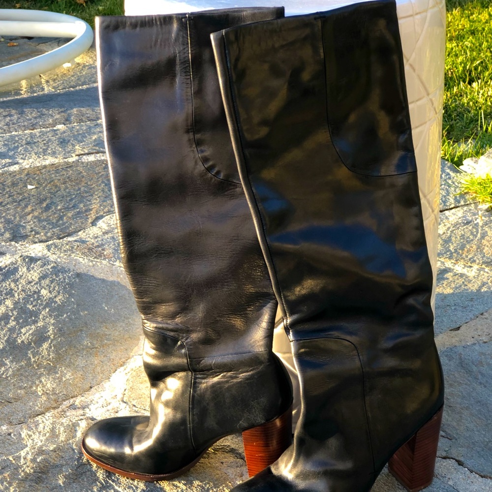 Size 9 Ivanka Trump black leather boots with brown stack heel